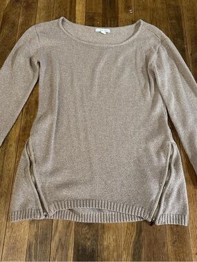 New York & Company Metallic Tan Scoop-Neck Sweater with Side Zips